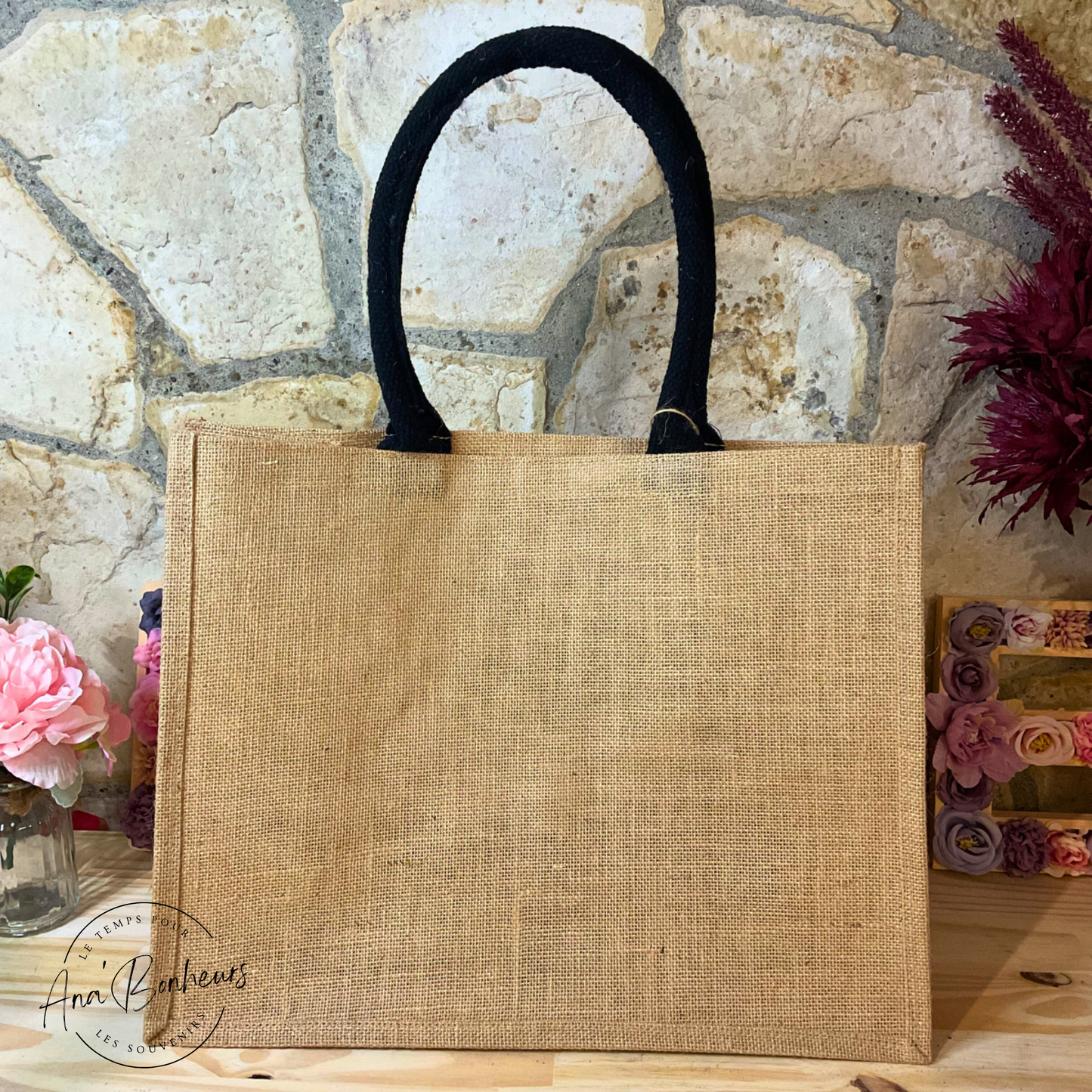 Sac en toile de jute grand format anses noires